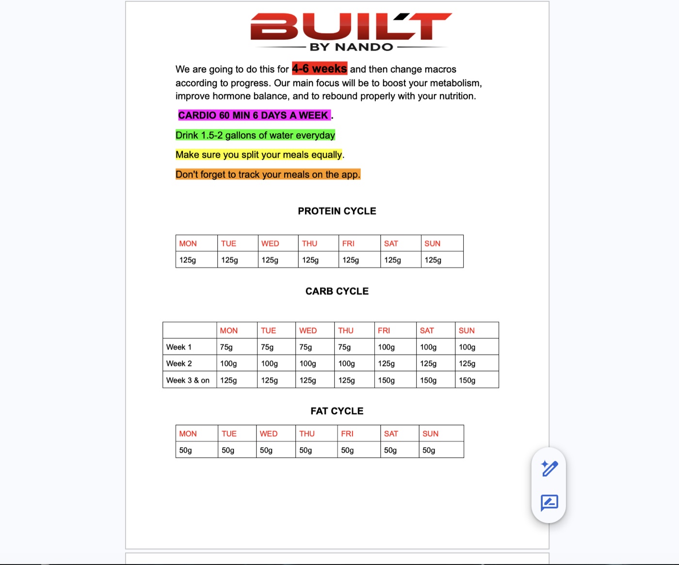 Example of the VIP nutrition plan interface